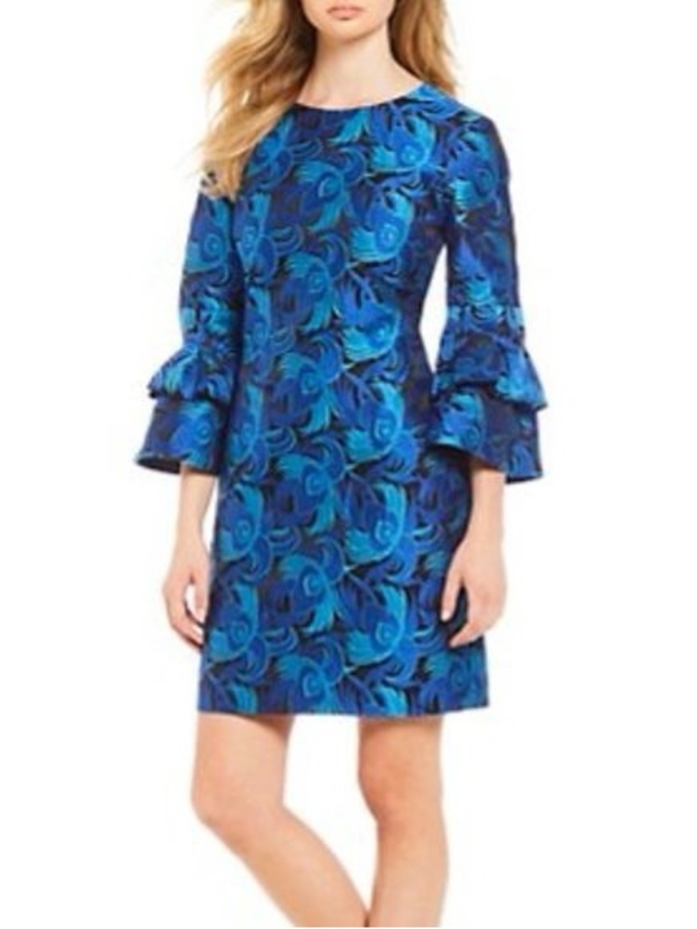 Badgley Mischka Blue Peacock Shift Dress with Tiered Bell Sleeves